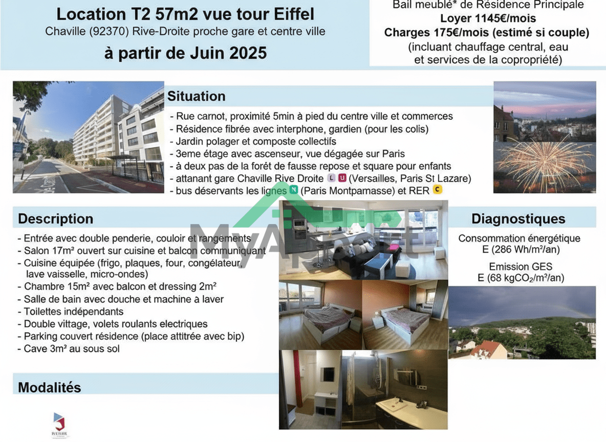 T2 57m2 Chaville Rive Droite (cave et parking)